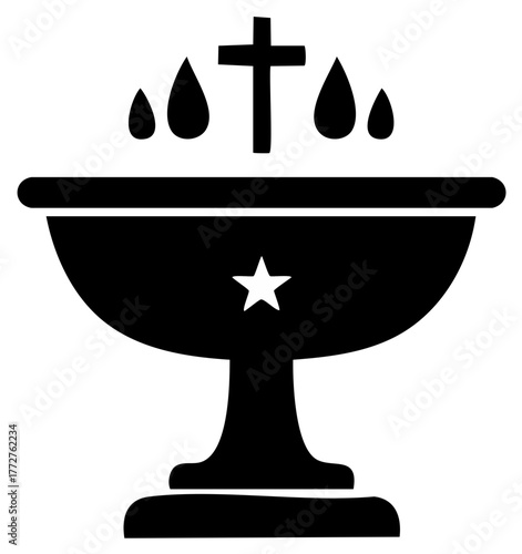 Christian baptismal font icon with holy water drops and cross religious symbol
