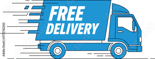A blue truck with the words "FREE DELIVERY" is speeding along.