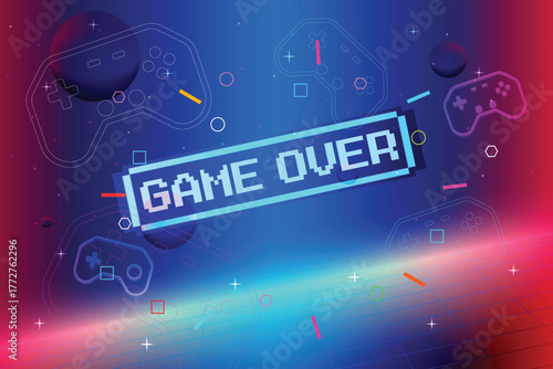 Game Over, Retro games for game assets in retro futuristic sci-fi background vector illustration. Glowing neon from an old arcade