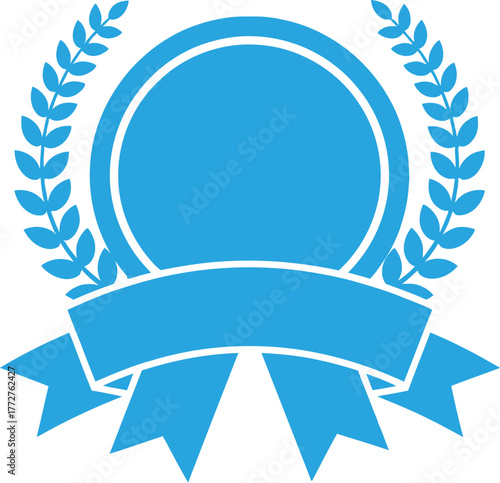 A blue medal with a laurel wreath and ribbon is shown against a white background.