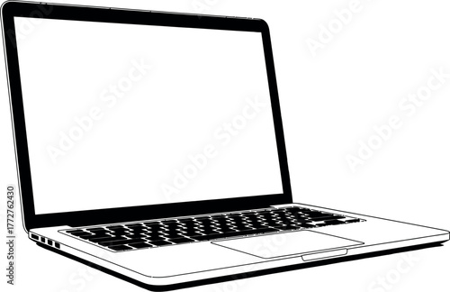 A modern laptop computer is shown open with a blank screen.