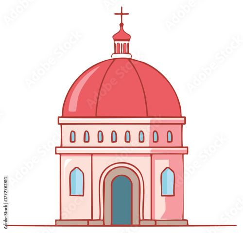 Hand Drawn Illustration of a Church Building with Dome and Cross, isolated on white