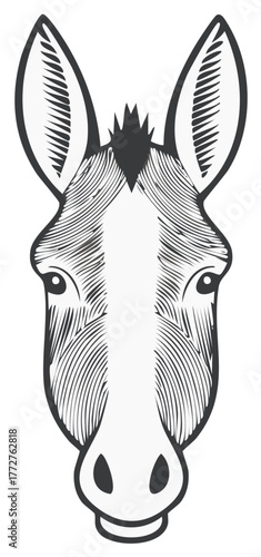 Engraving Style Donkey Head Illustration with Long Ears and Dark Mane