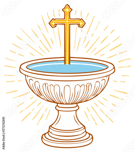 Sacred baptismal font with holy water cross and spiritual light rays illustration