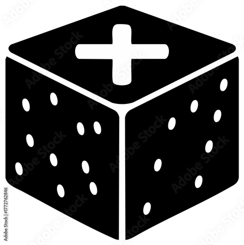A Black Die with White Spots and White Plus Sign Face in an Isometric View