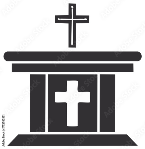 Simple monochrome icon of a church altar with two Christian crosses for religious worship