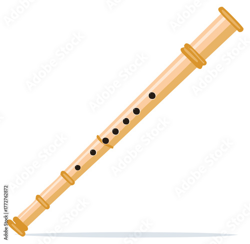 Cartoon Illustration of a Simple Wooden Recorder for Beginners, a Classic Wind Instrument with Finger Holes
