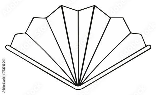 Simple black line art illustration of an open traditional folding hand fan for summer cooling and cultural decoration