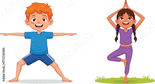 Children, doing, yoga, poses, outdoors, fitness, mindfulness, exercise, balance, health, cartoon, active, fun, flexibility, boy, girl, warrior, tree, posture, movement