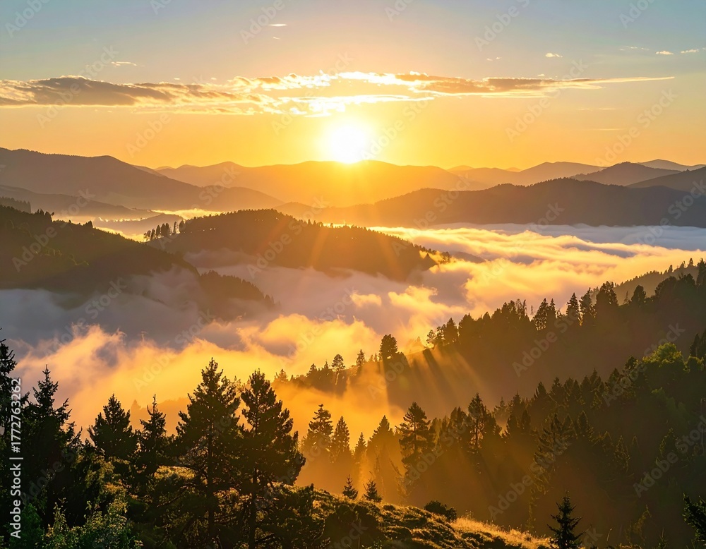 Obraz premium A peaceful sunrise over mist-covered mountains, symbolizing calmness and new beginnings. Perfect for travel websites, nature blogs, or inspirational designs.