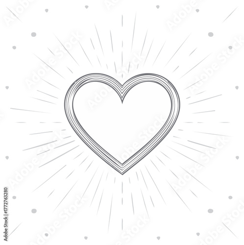 Stylized hand drawn heart outline with radiating sunburst lines and subtle scattered dot texture on white background