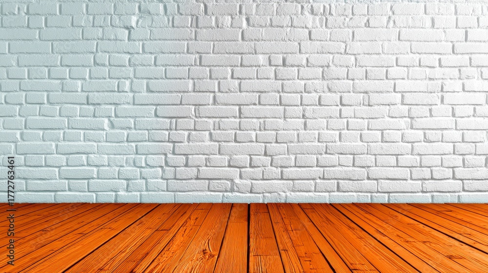 Fototapeta premium White brick walls and wood floor define empty room room interior features textured white brick and smooth wood