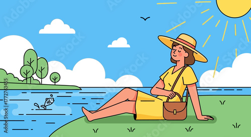 Cartoon illustration of a woman relaxing by the water in summer with bright sunlight