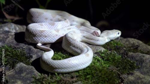 Coiled Snake Resting on Rocks and Moss Dark Environment