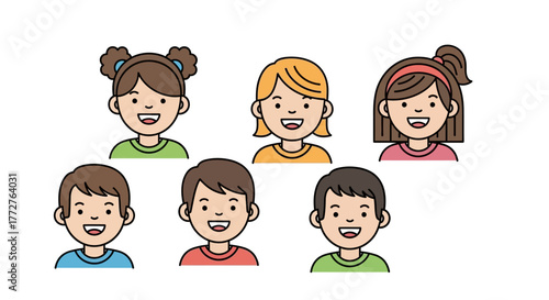Diverse group of smiling children, presented as clean line art for educational resource materials