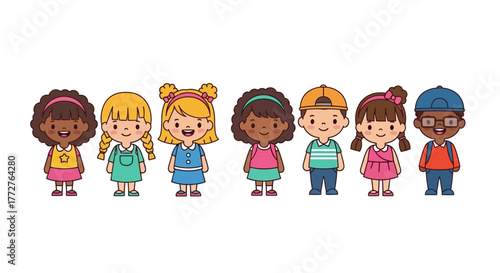 Diverse group of cheerful children representing unity and friendship in childhood cartoon