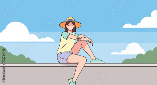 Serene depiction of a young woman relaxing outdoors, embodying calmness and tranquility
