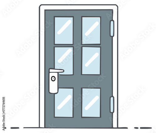 Isolated interior door with glass panels, door handle, door frame, and door furniture on white