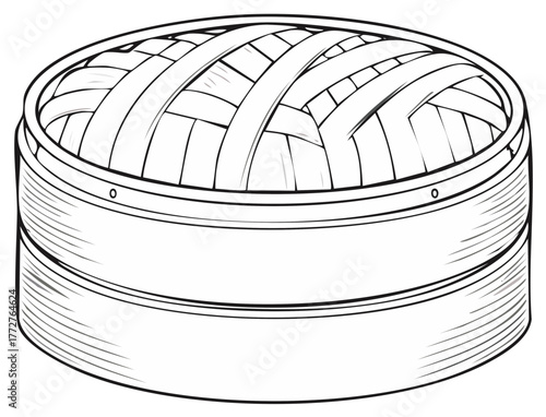 Traditional bamboo steamer for cooking Asian food with woven lid detail, illustration