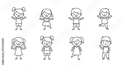 Collection of cheerful kids doodles in various poses showcasing childlike innocence and
