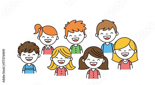 Diverse group of cheerful cartoon children with bright smiles and varying hairstyles demonstrating