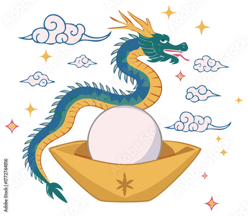 Vibrant traditional Chinese dragon holding a mystical pearl in a golden wealth ingot with auspicious clouds