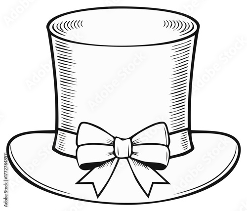 Elegant black and white top hat illustration with stylish bow tie, traditional line art drawing