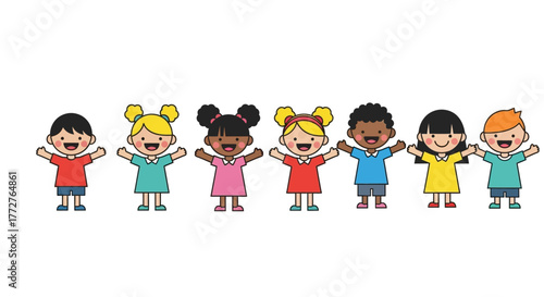 Diverse group of children standing together representing friendship and unity in cheerful cartoon