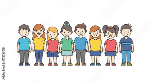 Diverse group of animated young children standing together in a line smiling cheerfully