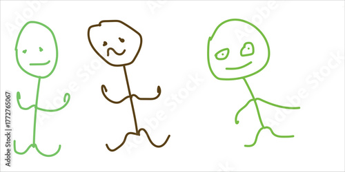 Three simple stick figure people drawn with lines and circles on a white background