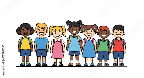 Diverse group of cartoon schoolchildren standing together happily, ready for a learning adventure