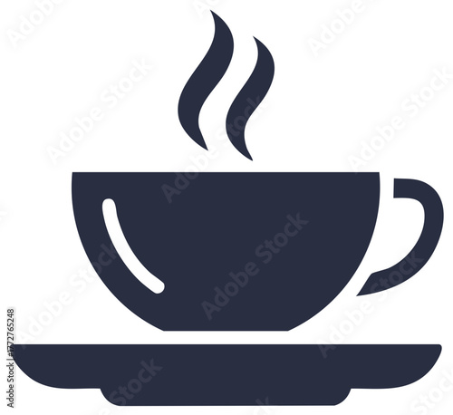 Simple illustration of dark mug of hot drink with steam above on saucer.