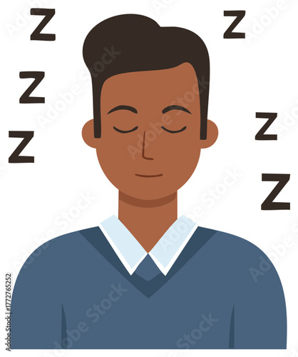 Serene dark skinned man sleeping soundly with Zs floating around his head a calm peaceful flat vector illustration