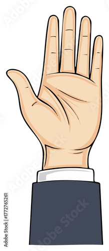 Raised open hand in a suit sleeve signifying greeting or stop gesture