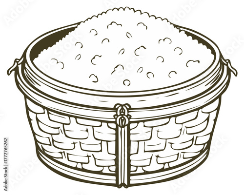 Vintage line art illustration of a wicker basket full of fresh cottage cheese