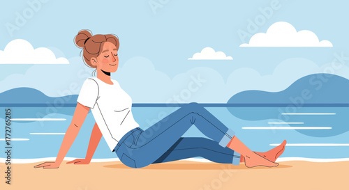 Serene relaxation at the beach: Woman enjoying tranquility and summer vibes alone