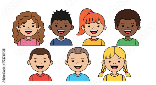 Diverse group of cartoon children smiling cheerfully together offering universal representation