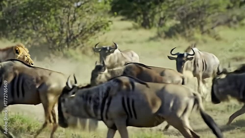 Lions Chasing Wildebeest Across African Savannah in Daytime