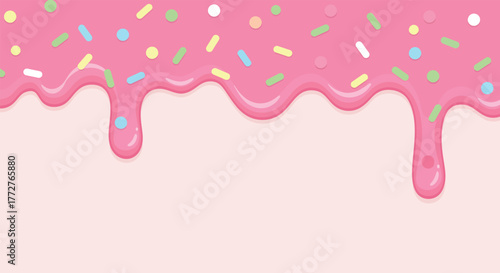 Sweet pink icing with colorful sprinkles dripping on a light pink background
