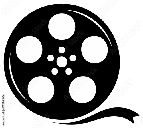 Black and white movie film reel icon isolated, cinema industry equipment, graphic vector