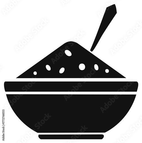 Simple silhouette icon of a breakfast bowl with cereal porridge or grain and a spoon