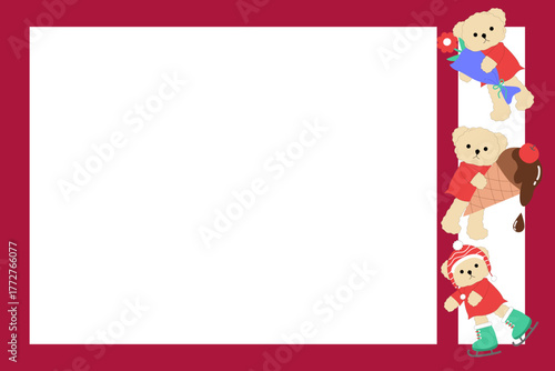 Cute Teddy Bears Side Border Horizontal Frame, Festive Winter Activities Stationery, red background