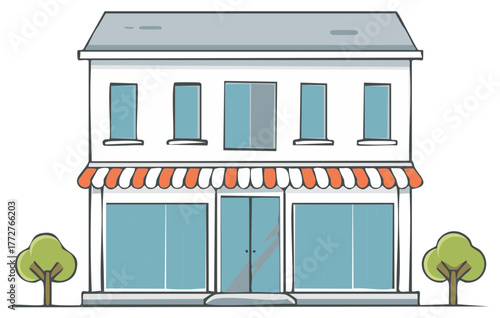 Illustration of a two-story building with windows, a striped awning, and trees