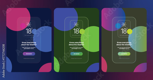 Modern Weather App UI/UX Design - Dark Mode Mobile Onboarding Screens with Glassmorphism