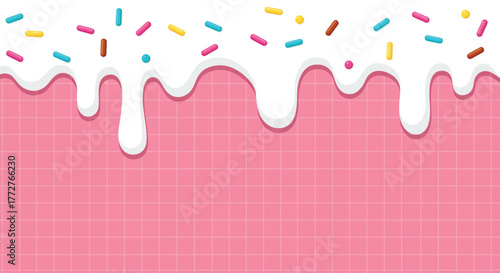 Festive Dripping Glaze and Vibrant Sprinkles on a Cheerful Pink Grid Background Pattern