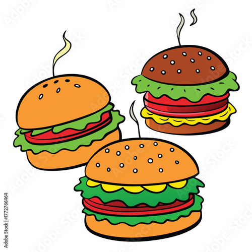 An illustration of various burger and fast-food items