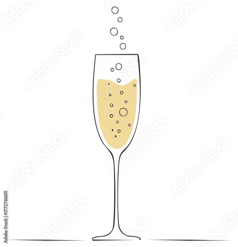 Elegant flute glass filled with bubbly champagne and rising effervescent bubbles
