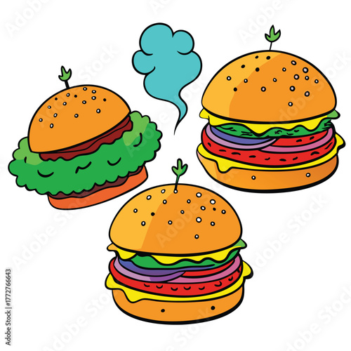 An illustration of various burger and fast-food items