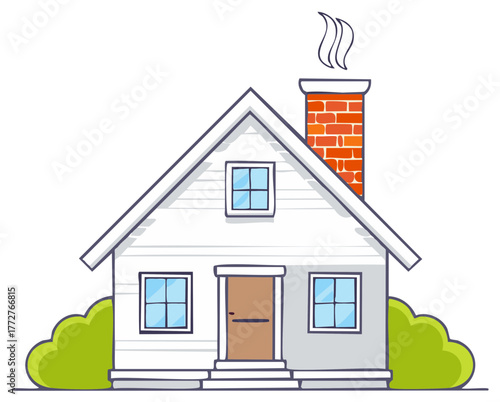 Stylized Single Family House with Brick Chimney and Smoke on White