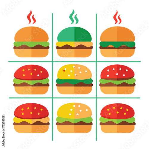 An illustration of various burger and fast-food items